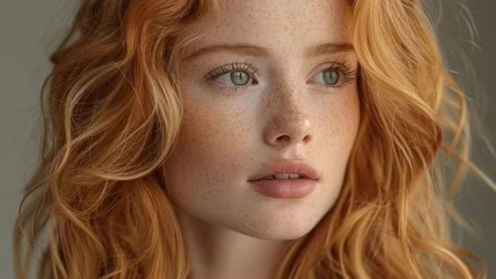 a beautiful curly red ginger woman with green eyes,