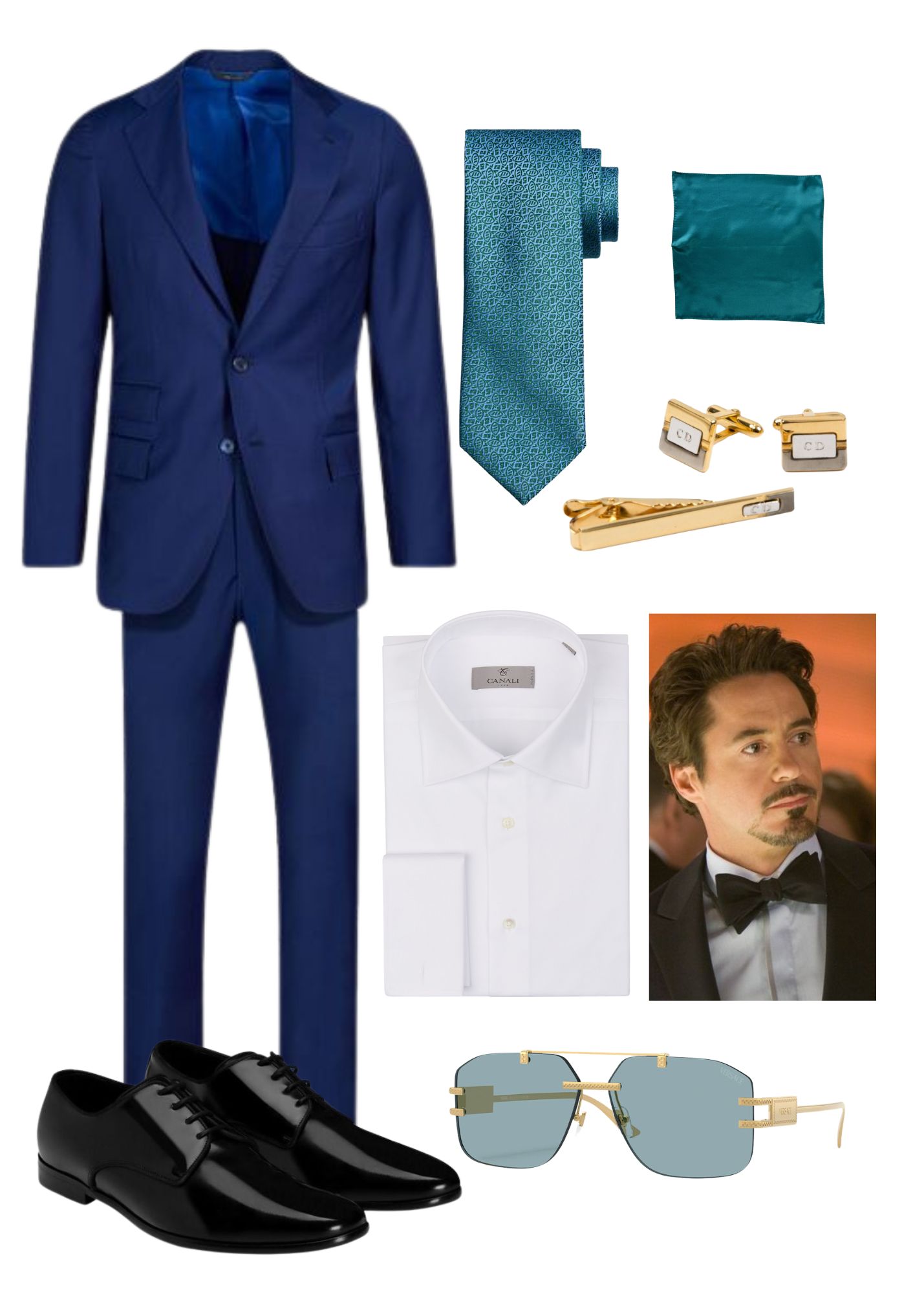 a cobalt blue men's suit, teal tie, gold cuff links, tie pins, teal pocket square, white pressed shirt, and blue sunglasses.,