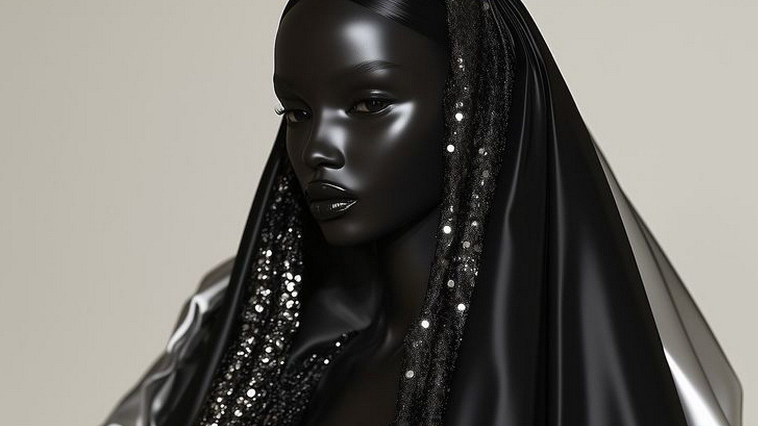 a black feminine looking person with dark skin so dark it's black wearing a sparkly dress.