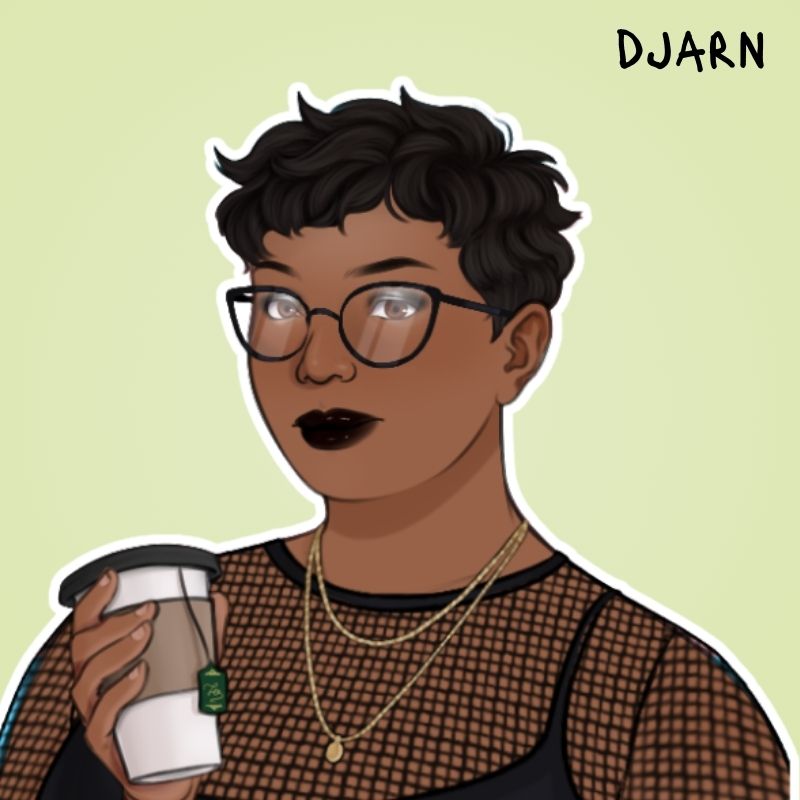 an image of a feminine presenting Black person with medium brown skin, in a curly short pixie cut, and oversized black glasses, wearing a mesh shirt with a tank top under it. 