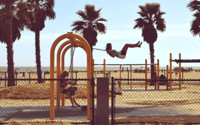 two women are swinging on a swing set on a playground surrounded by palm trees.