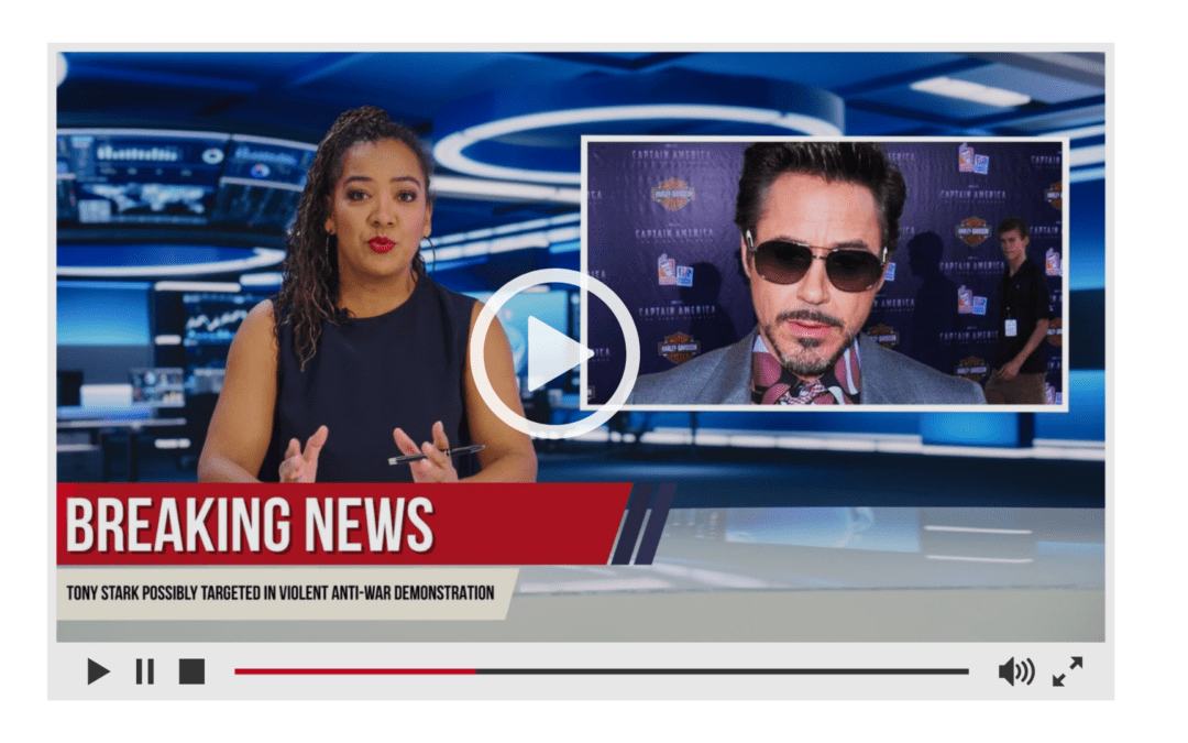 A mockup of a fictional news cast in which they talk about the breaking news: Tony Stark Possibly Targeted in Violent Anti-War Demonstration