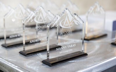 a row of awards shaped like crystal mountains - the apogee awards