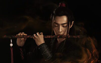 an image of wei ying/wei wuxian playing his dizi - flute.