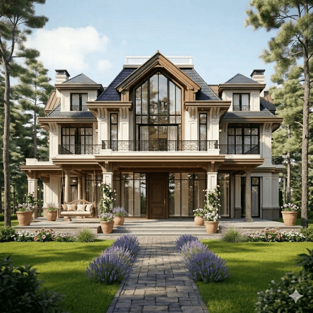 The Concord House A massive white stone-and-wood estate tucked into the woods, blending old-money elegance with modern luxury. It has large windows, layered gables, cozy porches, fireplaces, and manicured gardens.