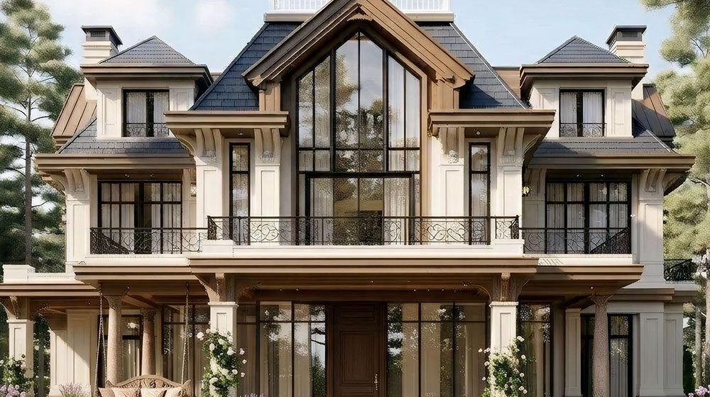 A massive white stone-and-wood estate tucked into the woods, blending old-money elegance with modern luxury. It has large windows, layered gables, cozy porches, fireplaces, and manicured gardens.